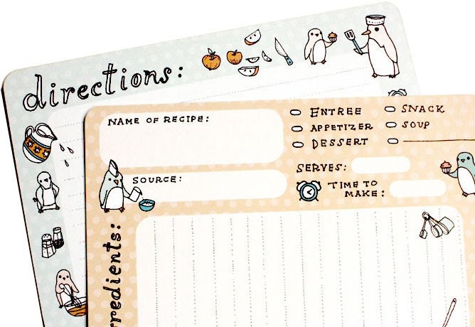 Recipe Cards - Kawaii Penguins Recipe Card Set - Boygirlparty Etsy Cute Cartoon Penguin Kitchen Gift