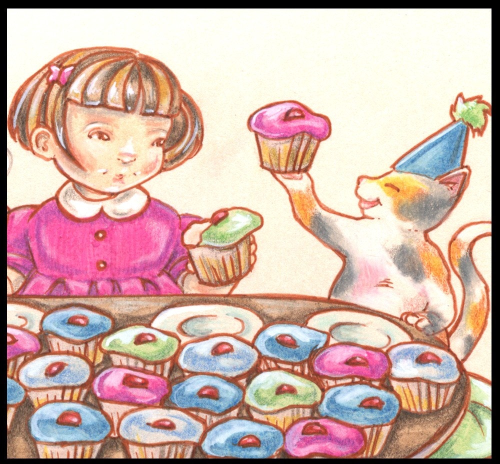 BIG SALE on Originals-Kitty Cupcake Party Signed Artwork