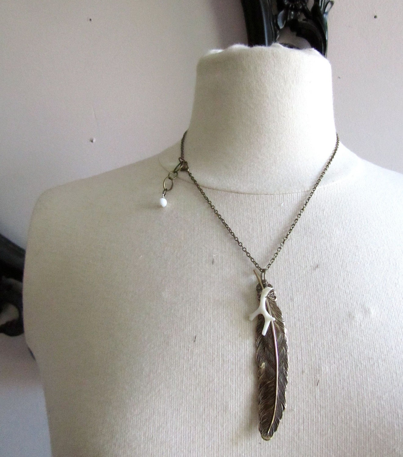 Feather and Bone brass and coral necklace