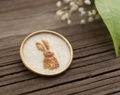 Rabbit Embroidered Brooch - Bunny Pin - Stitched Felt - Brass Circle - Woodland Animal