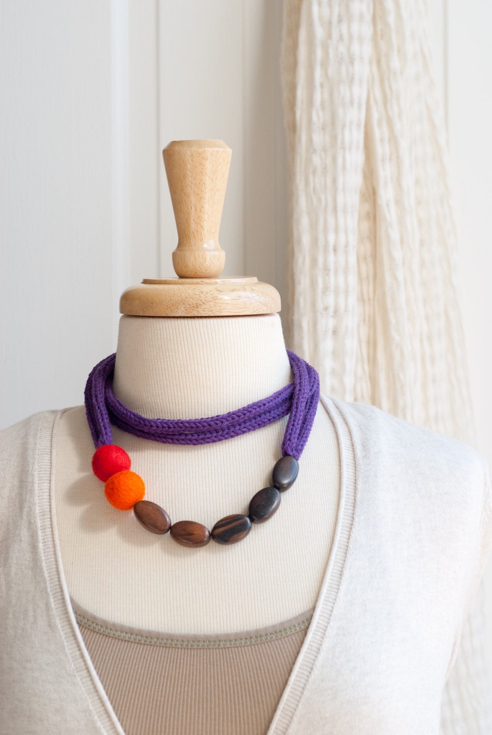 Color Story Bold Statement Necklace - Felt and Oval Wooden Beads - Long Knit I-cord - Cord