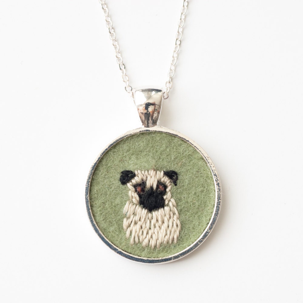 Pug Dog Embroidered Felt Necklace