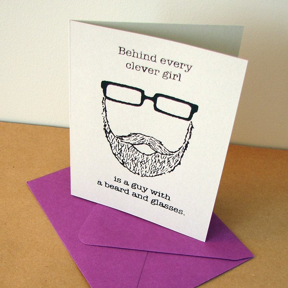 Behind Every Clever Girl is a Guy with a Beard and Glasses card (valentine purple)