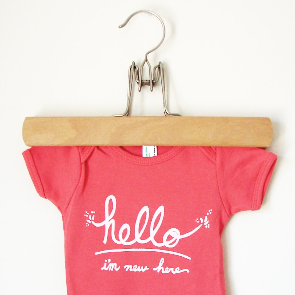 Hello I'm New Here - Funny text baby one piece (3-6 mo - coral)