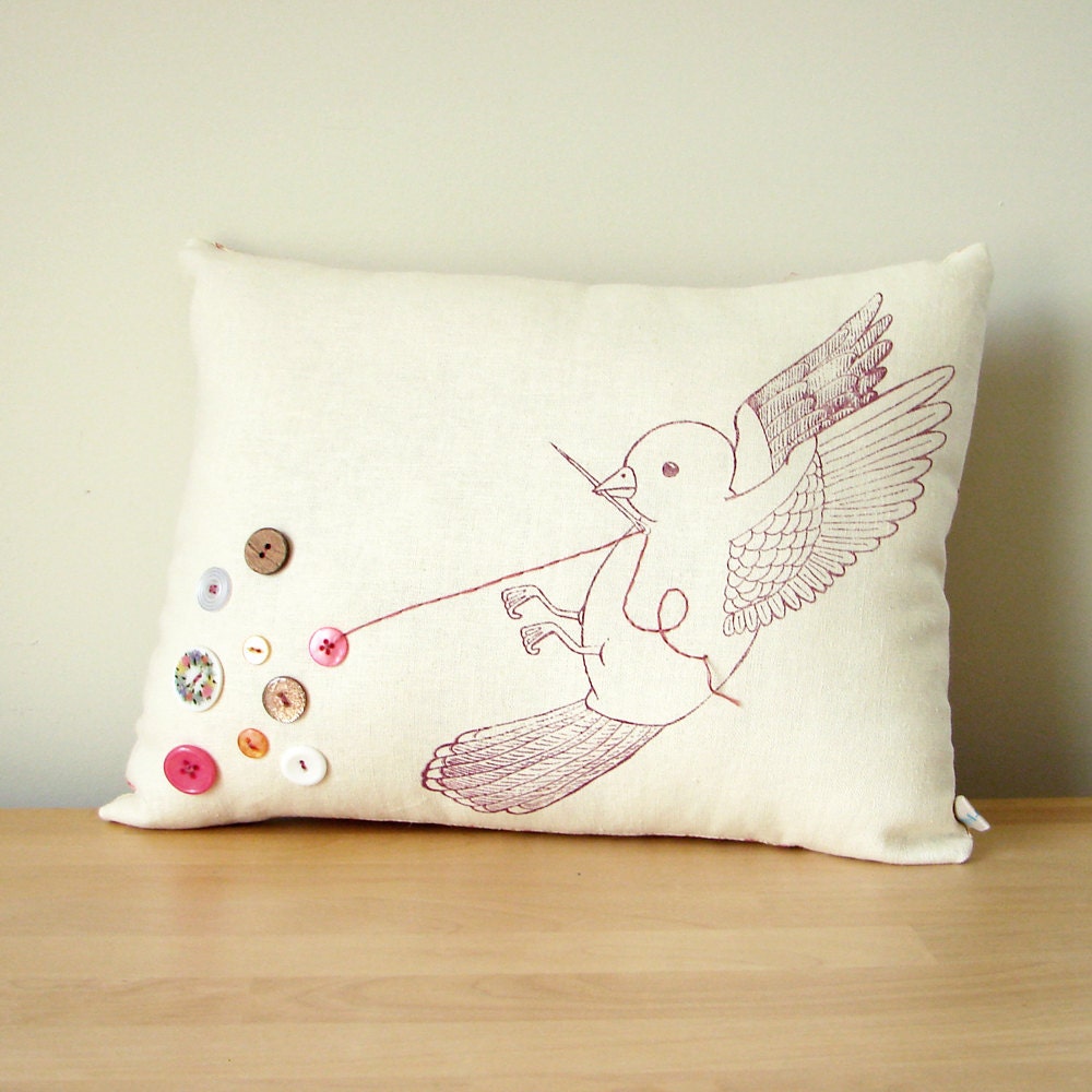 Handmade Embroidered Pillow - The Button Collector (antique rose)
