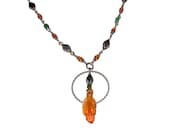 Long Amber Necklace Linked with Aventurine, Carnelian, and Sterling Silver