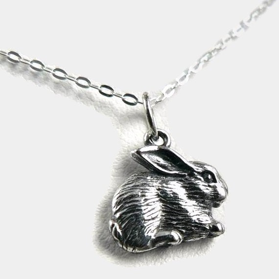 Fluffy Bunny sterling silver charm rabbit pendant necklace woodland jewelry.