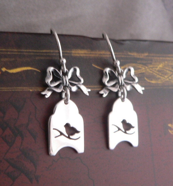 Antique Bird Cage Earrings Sterling Silver Bow Victorian Style Charm Earring