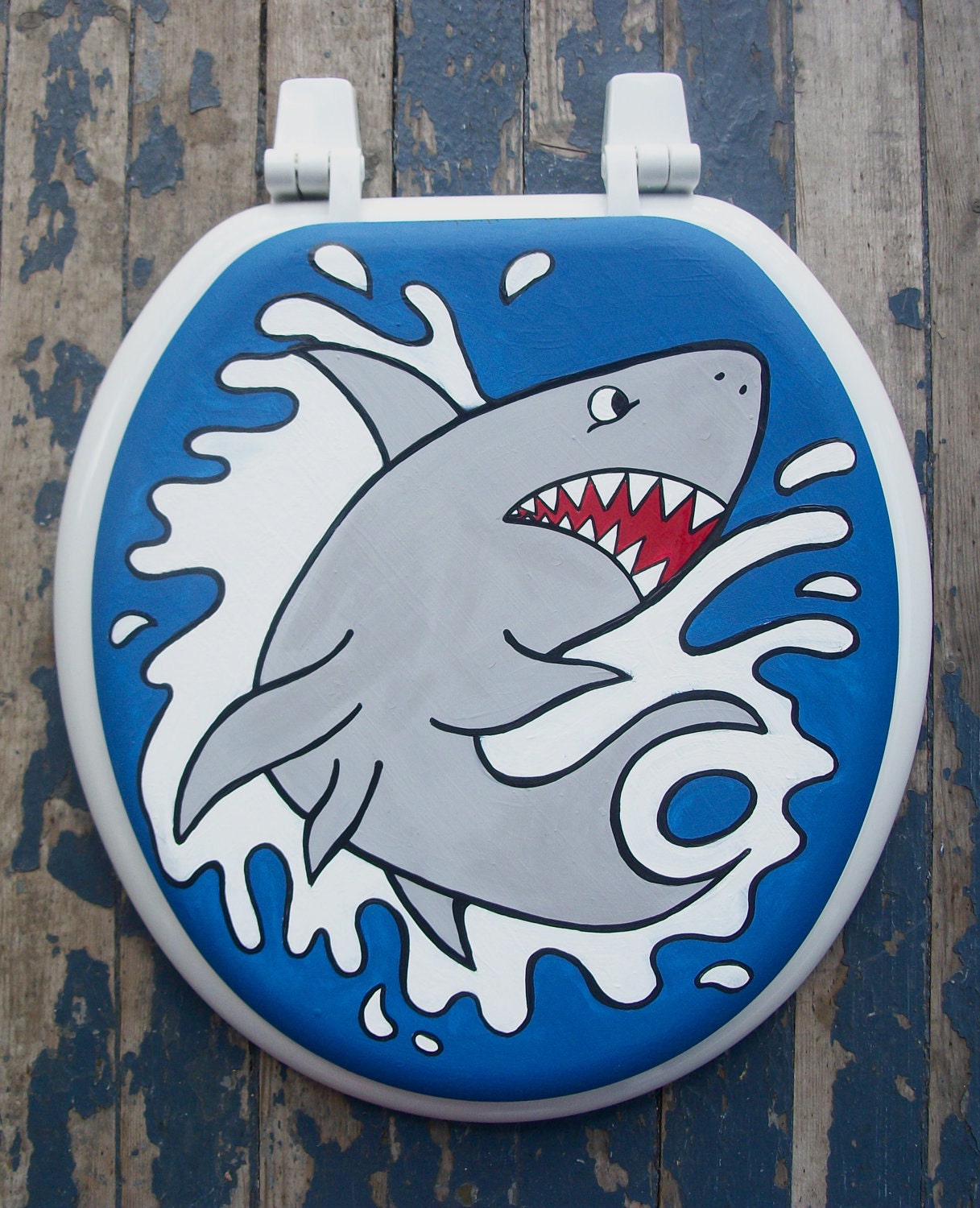 Shark Attack Hand Painted Toilet Seat by Debbie Is Adopted