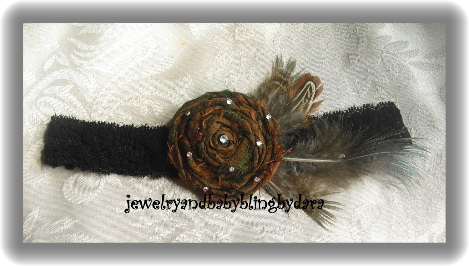 Vintage Raw Silk Handmade Rosette With Swarvoski Crystal Accents and Feathers Perfect for Baby Infant Toddler Girl Adult UPIC Color