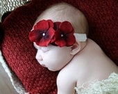 Velvet Red Double Dainty Flower Headband with Swarovski Crystal Center on Soft Ribbon Headband GREAT for CHRISTMAS