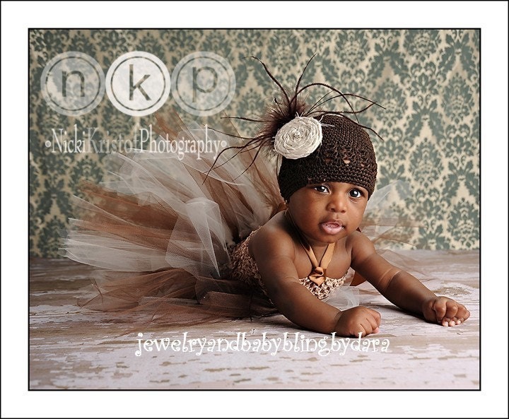 NEW ITEM...Vintage Raw Silk Handmade Rosette with Pearl Rhinestone Gem and Curly Ostrich Feather Accents Interchangeable Clip on Knit Crochet Beanie Hat UPIC Colors Hat available in 2 sizes Infants and Toddlers