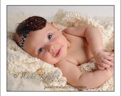 Raw Silk Single Rosette With Swarovski Crystals on Soft Ribbon Headband with Tulle accent...UPIC Colors Newborn to adult