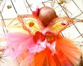 NEW TROPICAL Pink Yellow Orange Jeweled Butterfly Angel Wings Headband Flowers Feathers Swarovski Crystal Accents - Incredible Photo Prop