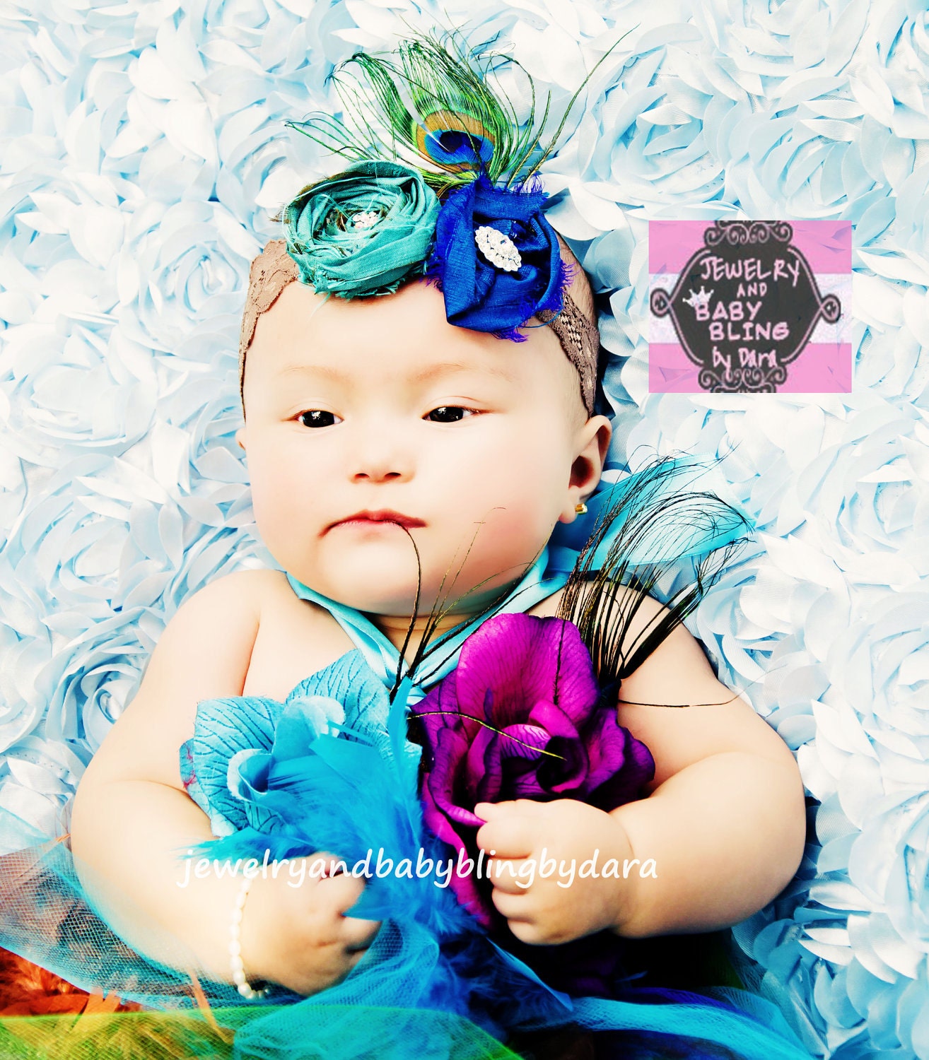 Vintage Raw Silk Handmade Rosette Peacock Feather Rhinestone Gem With Swarvoski Crystal Accents Infant to adult