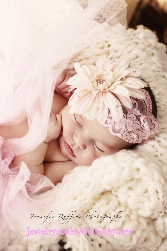 Cream Pink Gerbera Daisy Swarovski Crystal Center Pink Lace Headband Fits Infants Teens Tweens and Adults