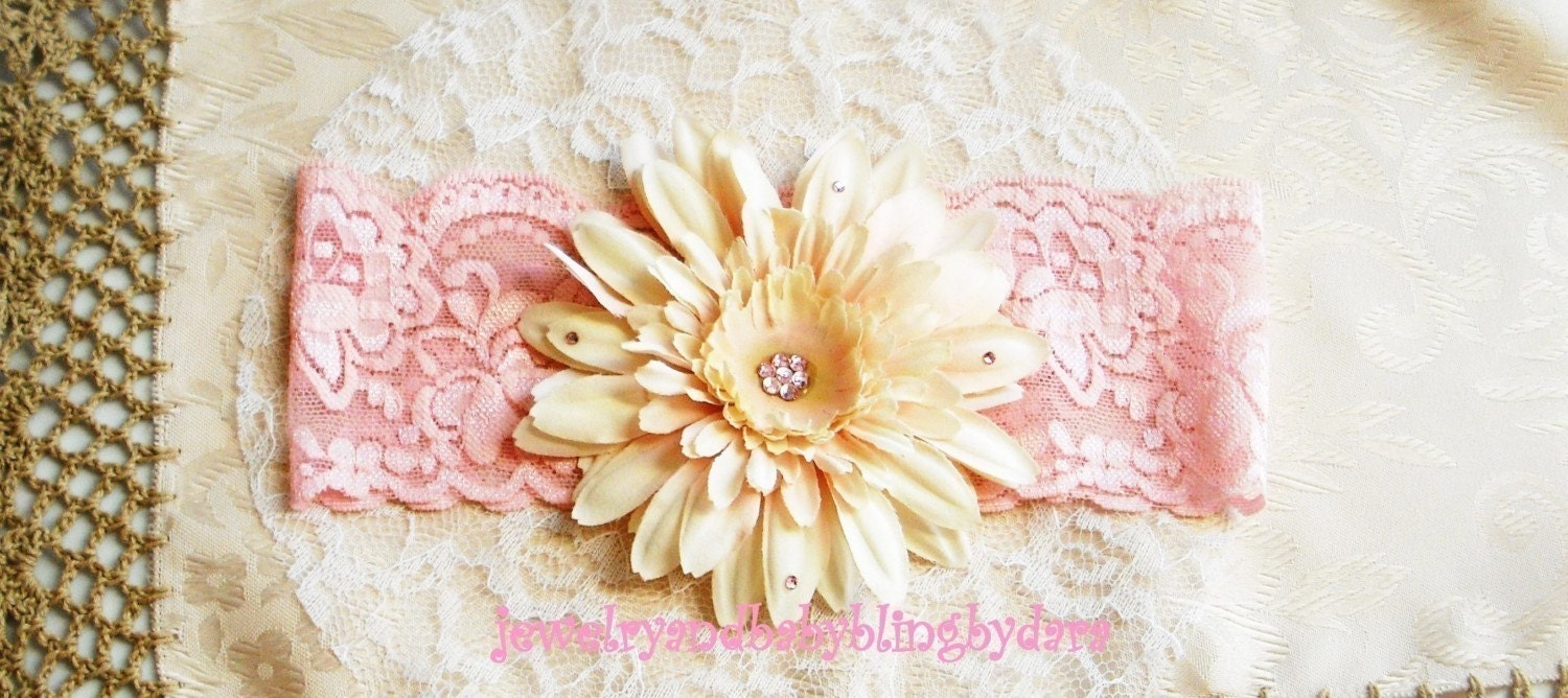 Cream Pink Gerbera Daisy Swarovski Crystal Center Pink Lace Headband Fits Infants Teens Tweens and Adults