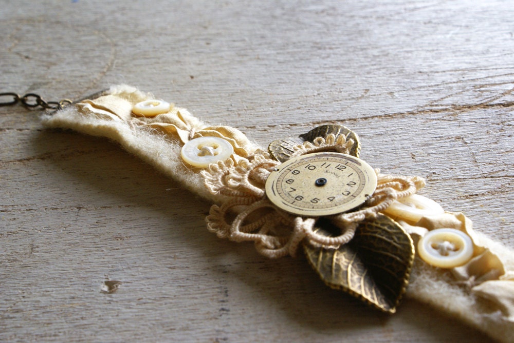 Mixed Media Assemblage Bracelet with Vintage Watch Face, Buttons, and Lace -- Handmade in Ireland