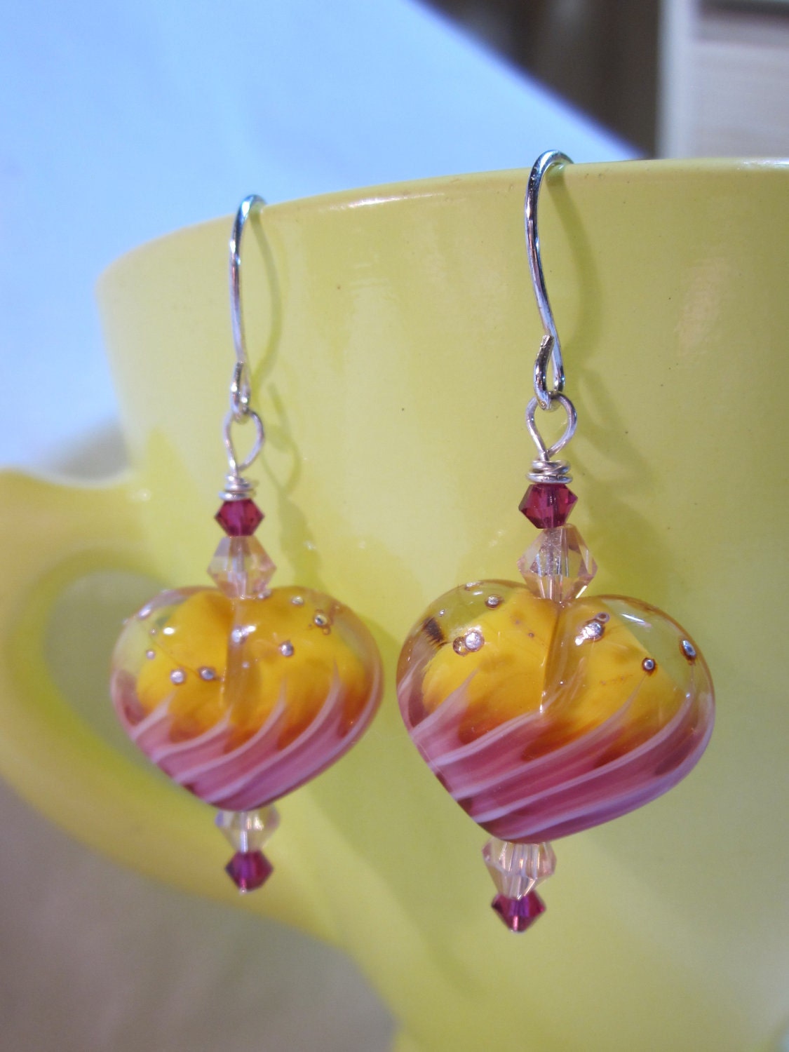 Pink Yellow with Silver Heart Earrings