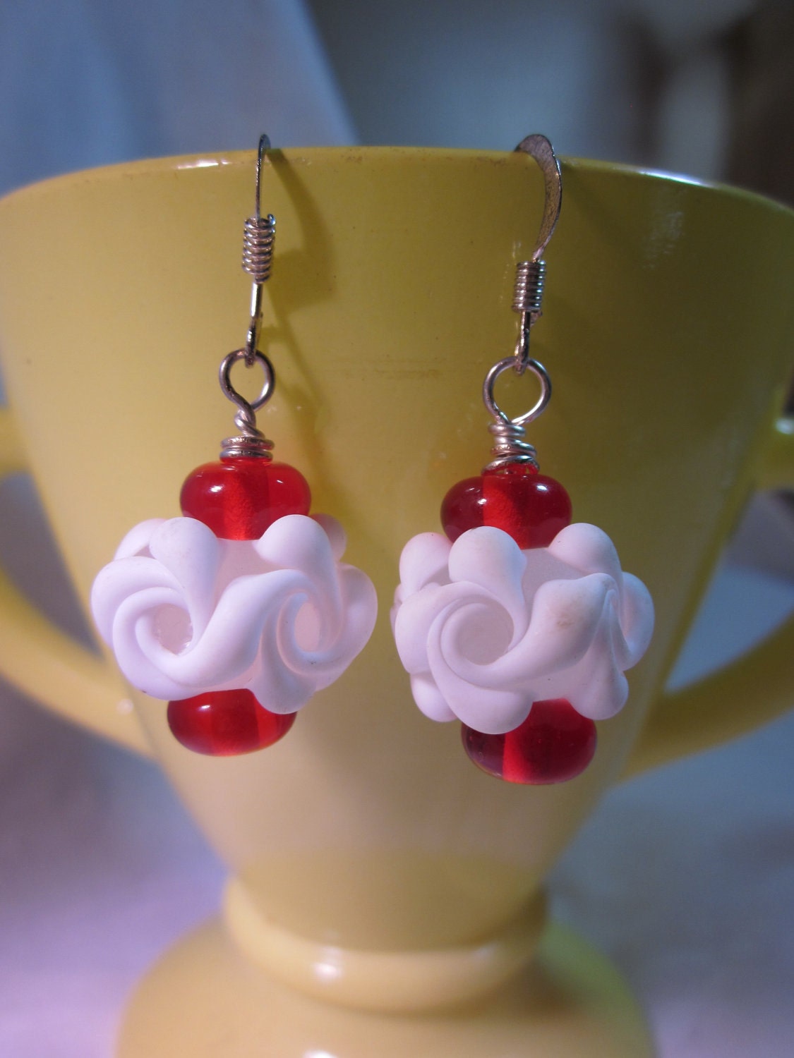 White Wedding Flowers Red Bead Earrings