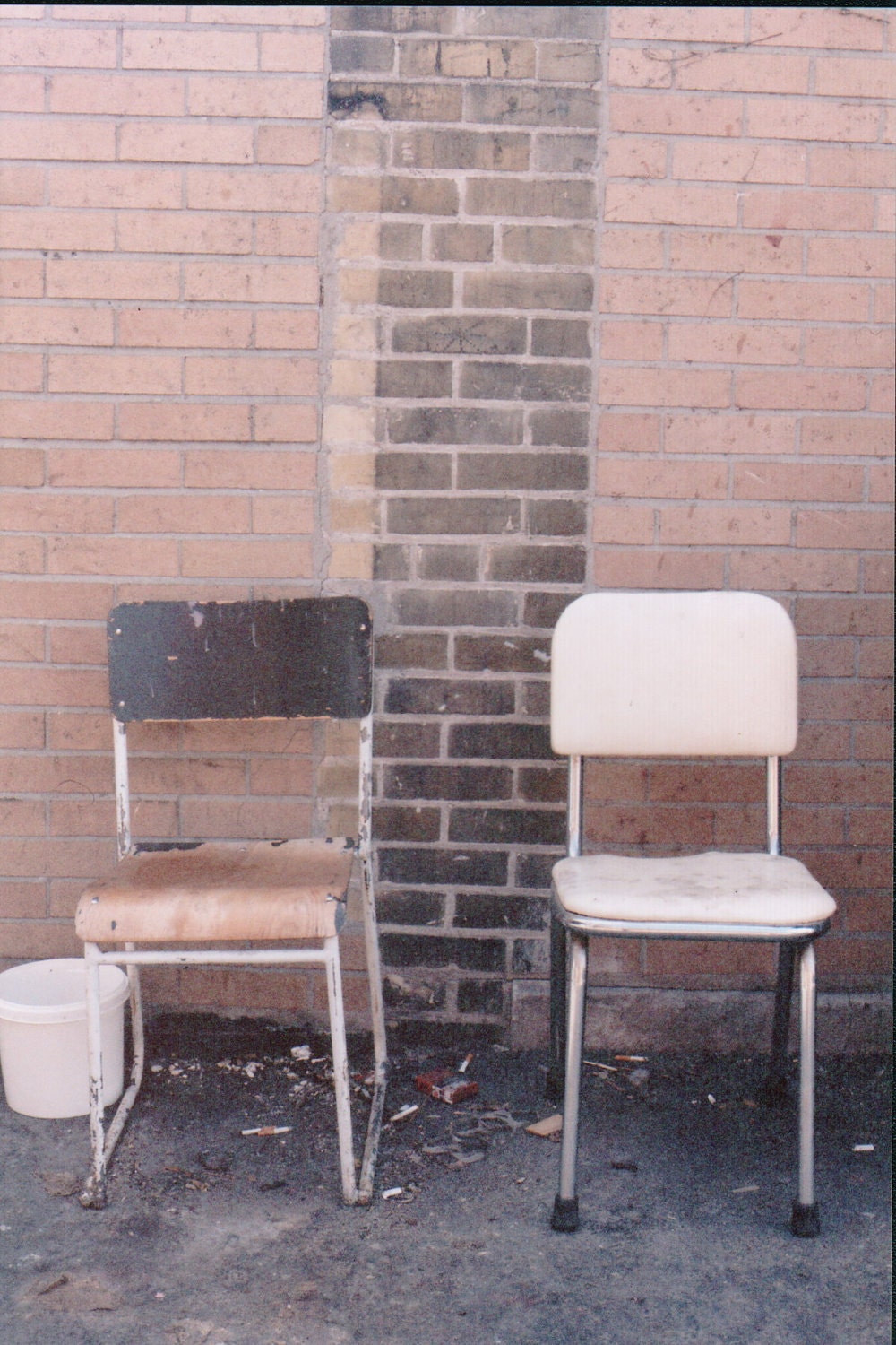 Two chairs and a brick wall, exhibit A - 4 x 6 colour film photograph print - urban photography - mid-century modern furniture OH