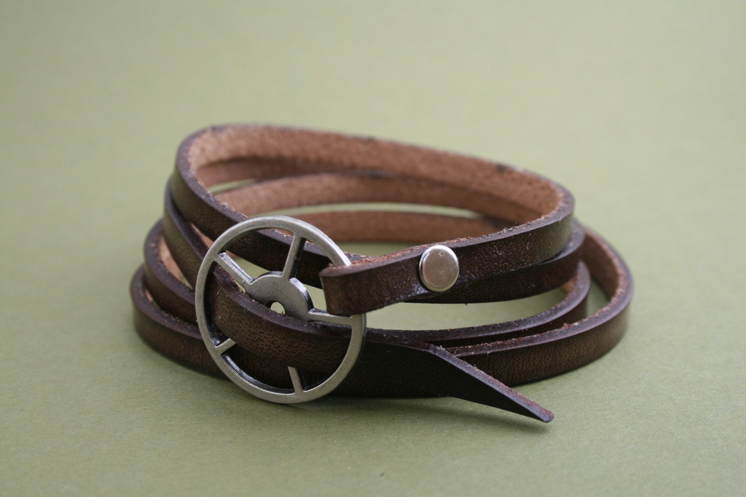 Leather Wrap Bracelet - Brown leather with silver buckle