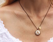Your Initial necklace - Round Pendant on lace edge setting - Personalized Custom Letter