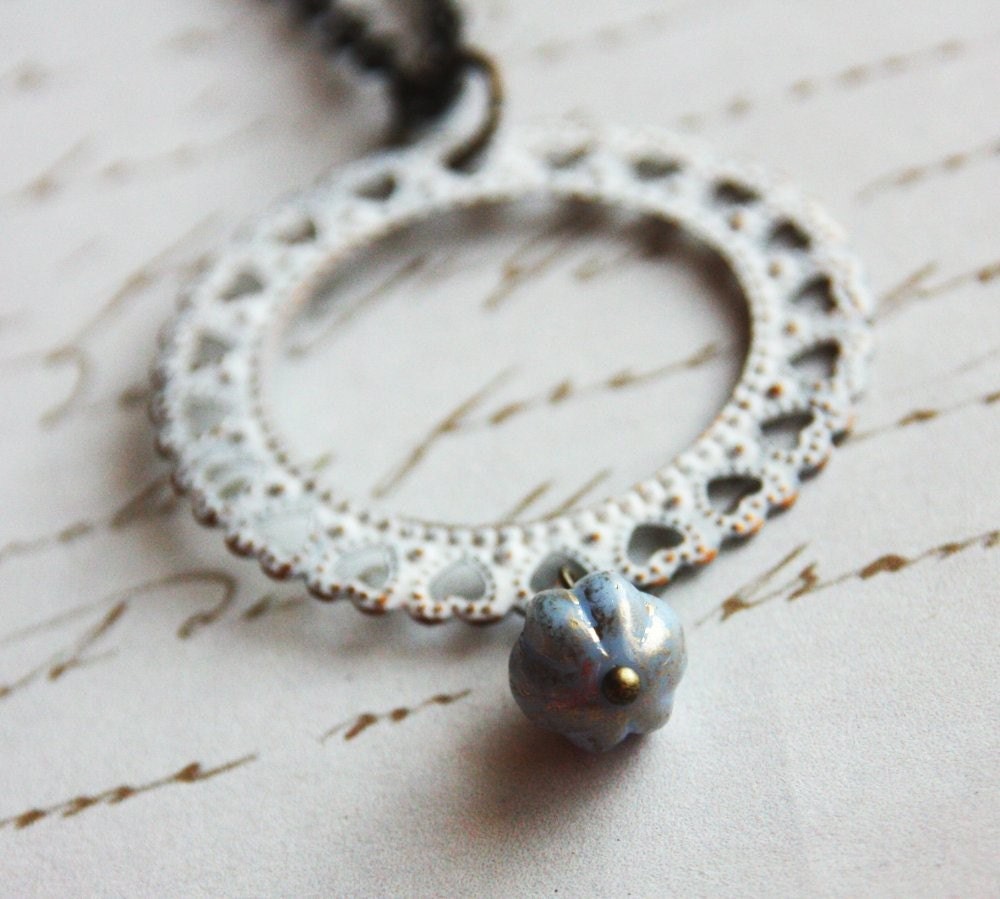 White filigree and melon bead on antique brass chain, long necklace