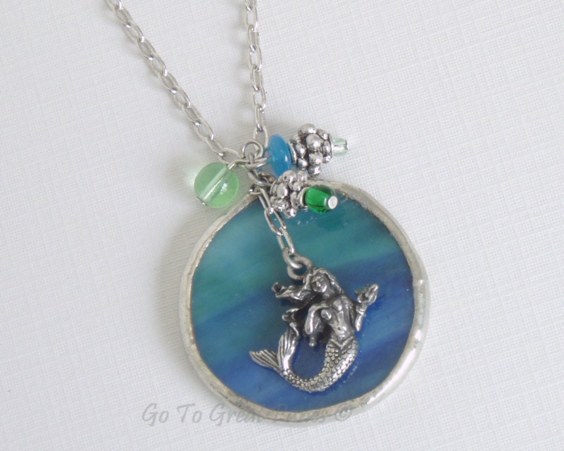 Mermaid Stained Glass Pendant Necklace, 22" blue, green & white stained glass jewelry, sea nymph on an ocean colored background