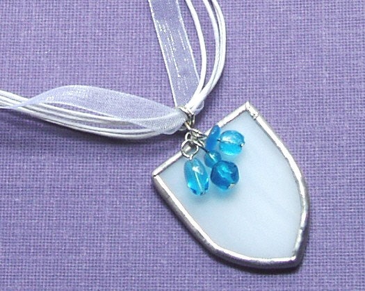 Shield Shaped Pendant Necklace, White Stained Glass, Teal Blue Beads, 17.5 to 19.5 inches, Wedding White with turquoise colored glass beads