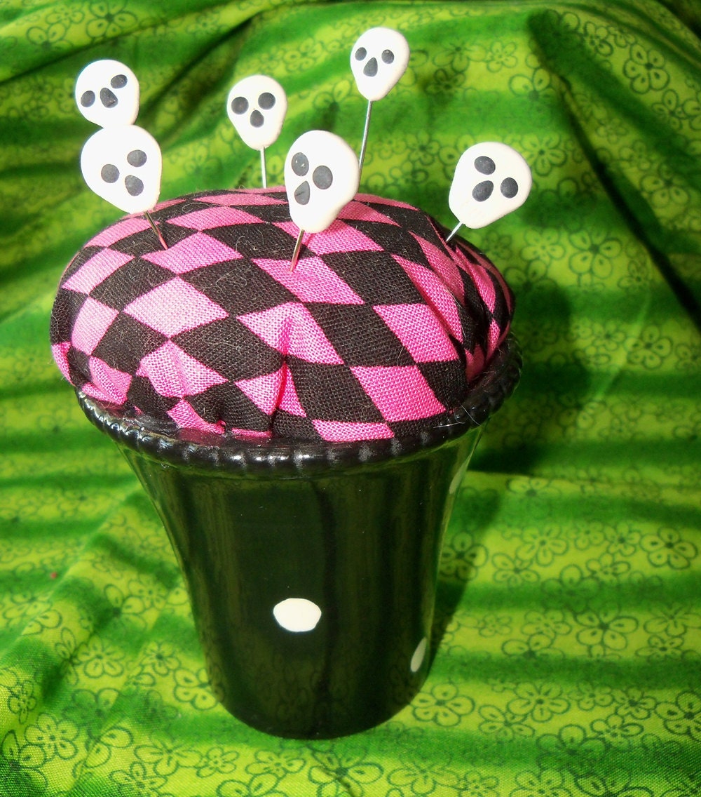 SALE Pink and Black Rocker Pincushion with Skull Pins