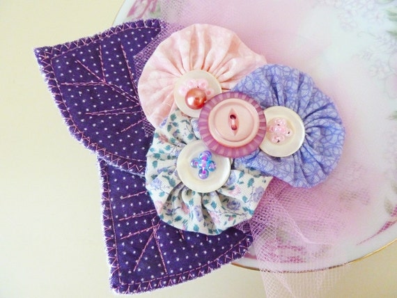Fabric Flower Brooch, Large Statement Pin, Pink Purple Yo Yo Cluster
