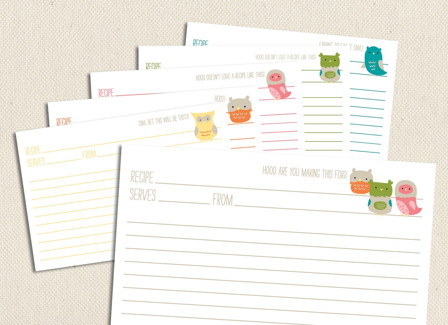 Little Owls - Printable and Editable 4x6 Recipe Cards