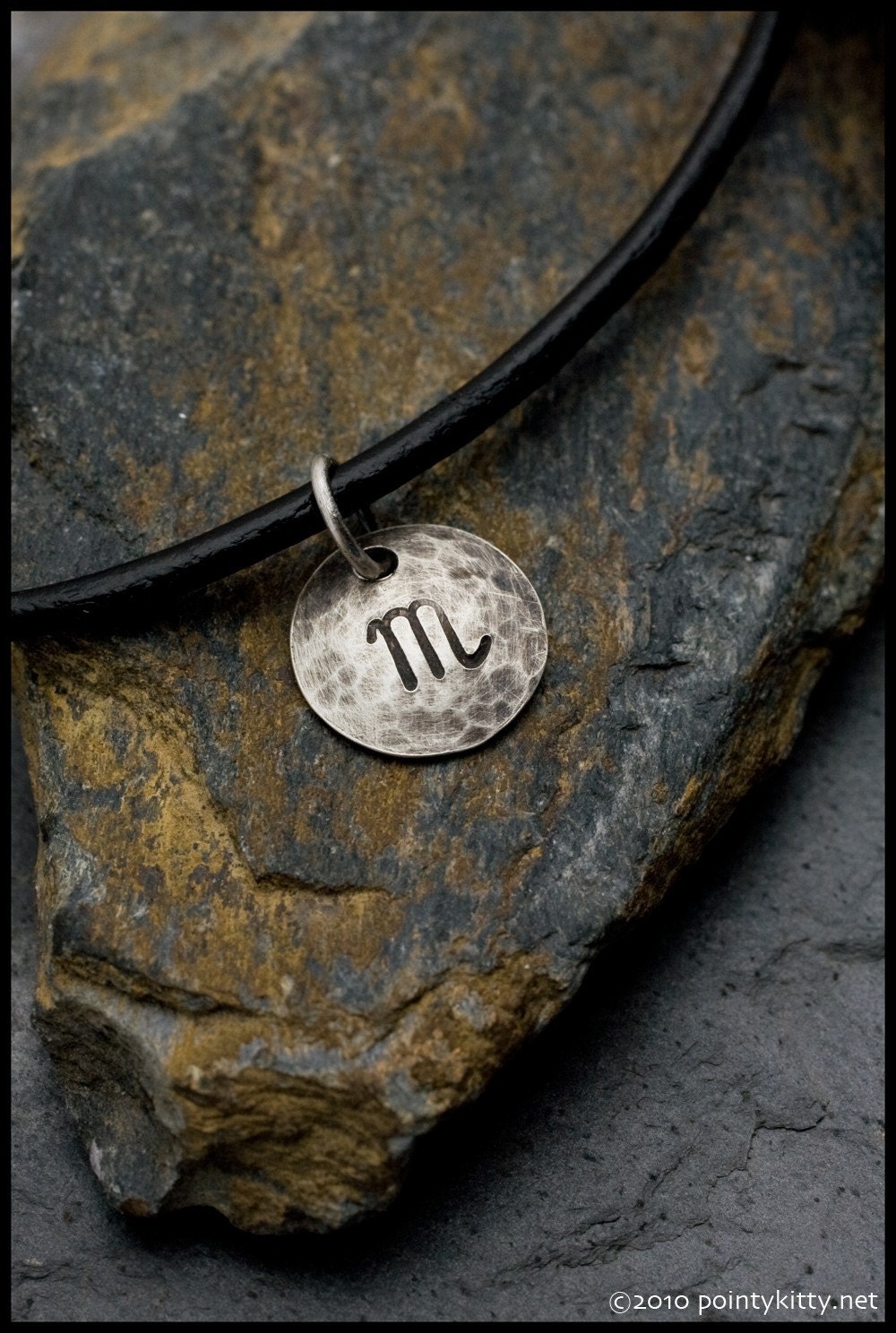 Scorpio - Hammered Sterling Zodiac Pendant on Black Leather Necklace