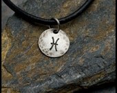 Pisces - Hammered Sterling Zodiac Pendant on Black Leather Necklace