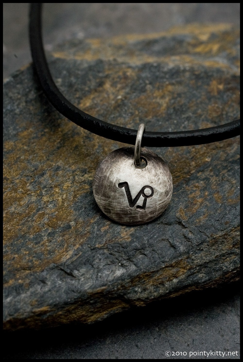 Capricorn - Hammered Sterling Zodiac Pendant on Black Leather Necklace