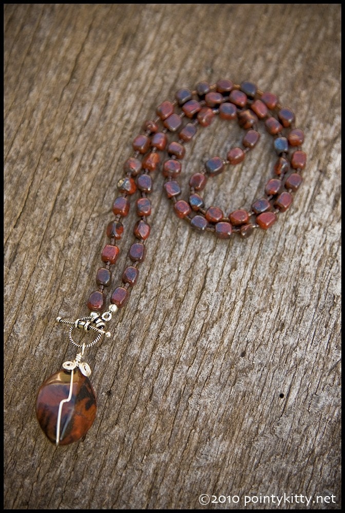 Scene From a Restaurant - sterling, poppy jasper and mahogany obsidian necklace