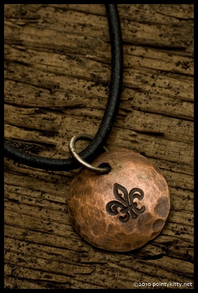Fleur de Lis Pendant Necklace  - Recycled copper hammered oxidized disc pendants