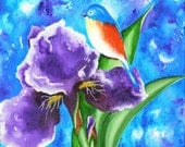 Original Acrylic Iris, Bluebird Painting "Garden Perch" On Gallery Canvas By Ruth Welter