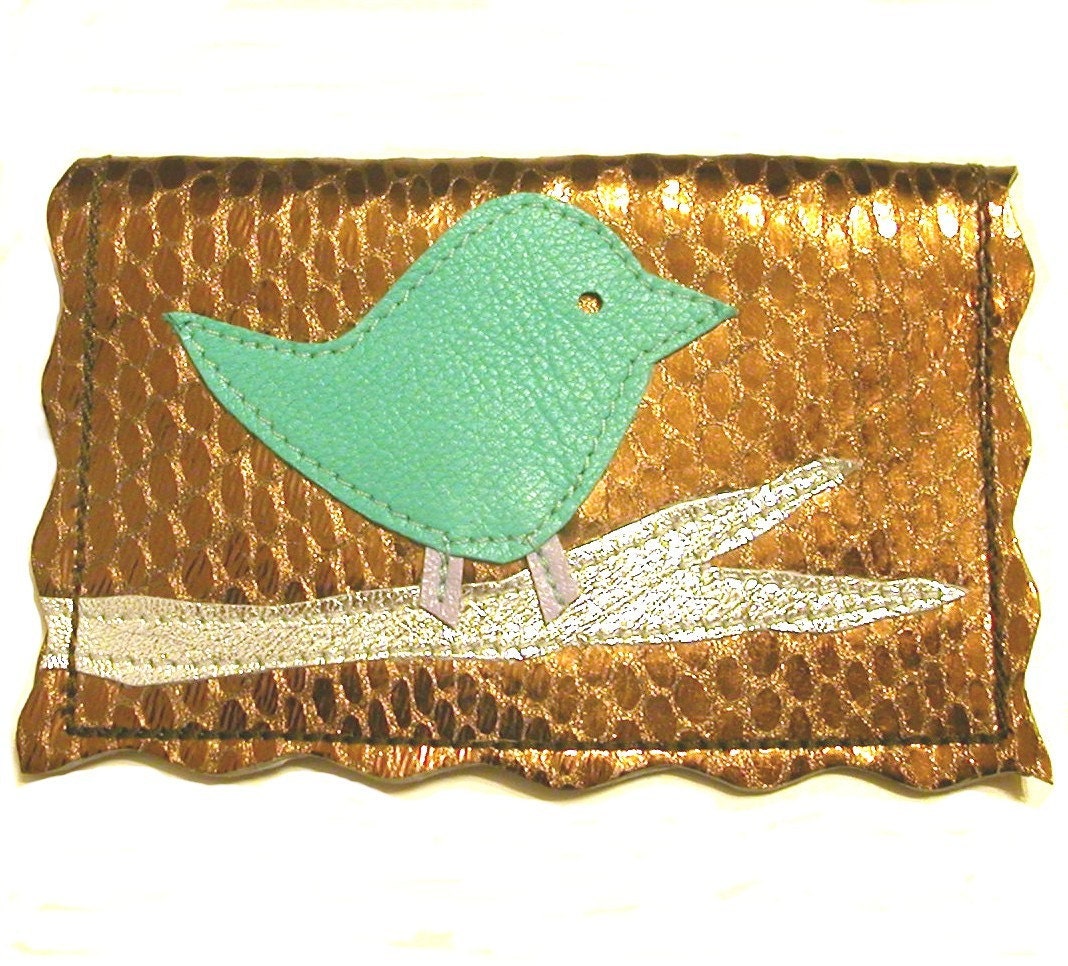 Metro Leather Business Card Holder TM,Credit Card Wallet, Leather Card Holder, Credit Card Holder, ID Holder - with Birdie Applique