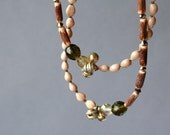 long beaded necklace with natural seeds, bronze crystals and brass bells - wood jewelry - bohemian necklace - ethnic style