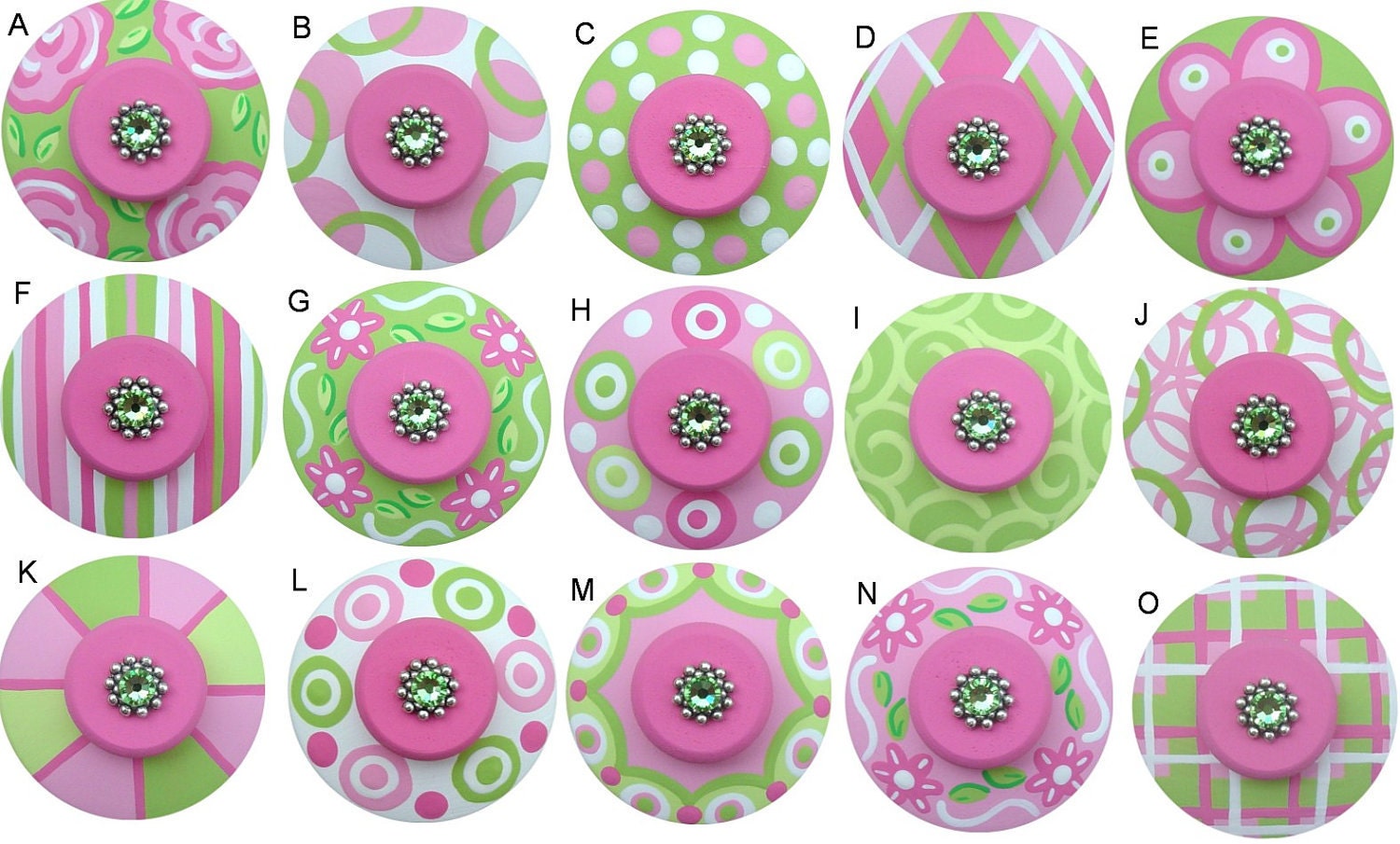 Pink and Green Assorted Swarovski Crystal Hand Painted Wood Drawer Pull Knob CHOOSE YOUR DESIGN