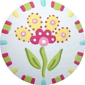 Yellow and Pink Flower with Multi Color Check Border Handpainted Wood Drawer Pull Knob