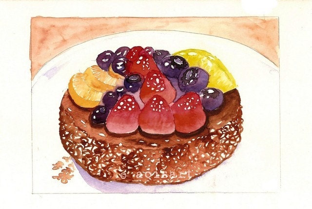 Chocolate Cake Topped with Fruits - Original Watercolor Painting - Kitchen Food Art