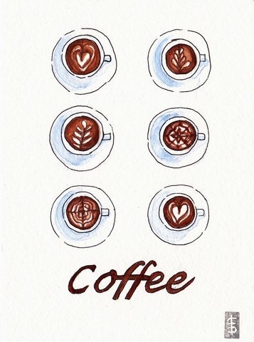 Coffe Cup Cups Selection Original Watercolor Painting - Kitchen Food Art