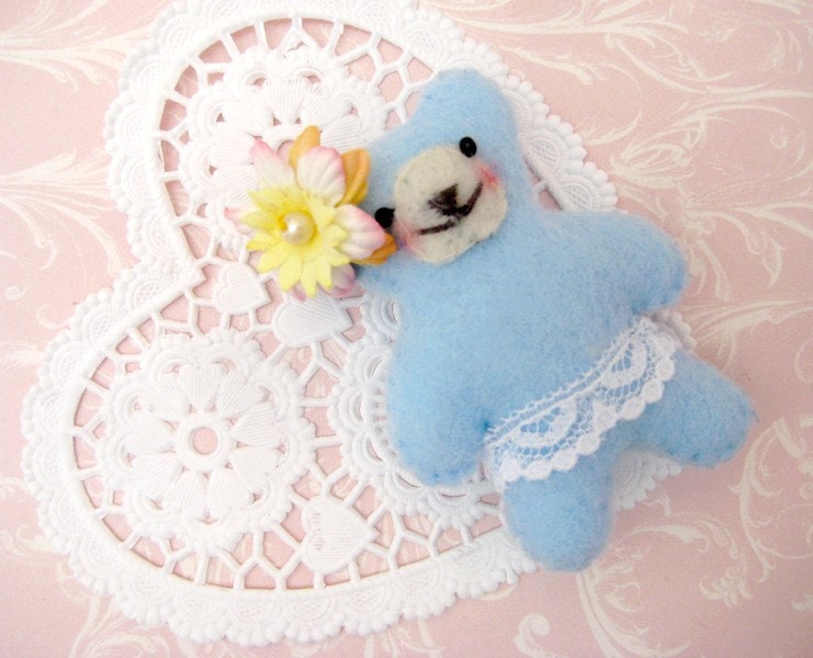 SALE Handmade Felt Teddy Bear - Flower Power Pocket Miniature Buddy Bear Toy