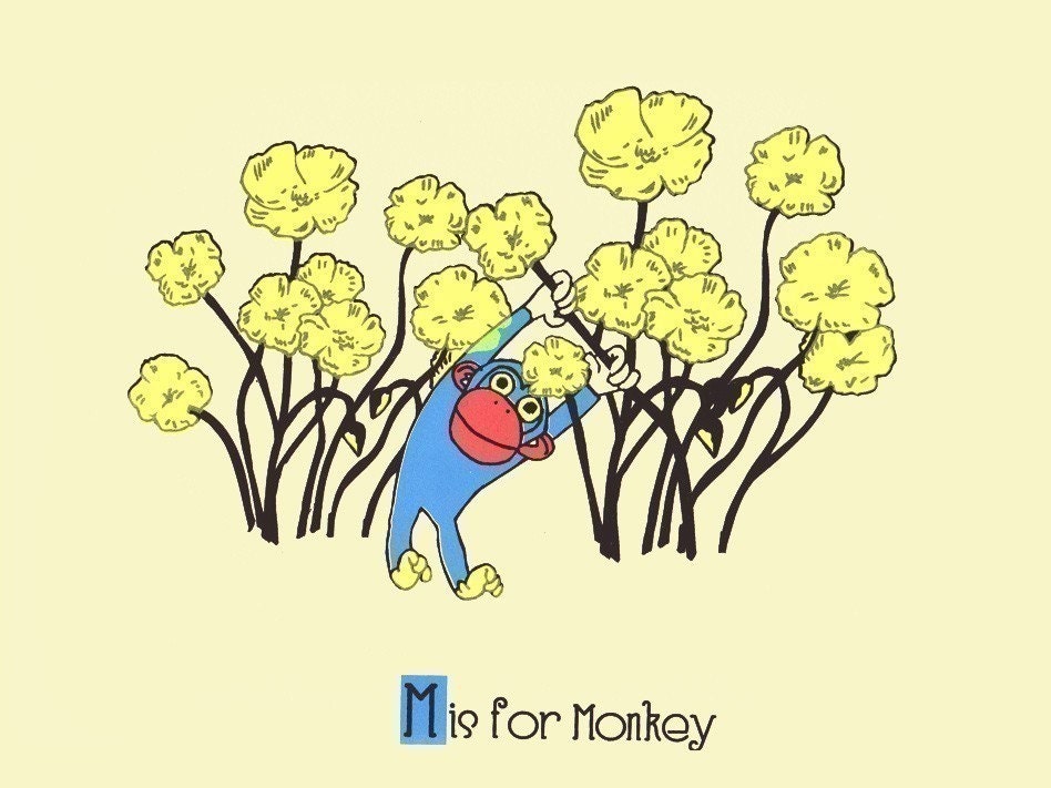 M is for Monkey Screenprint Nursery Art Print - Alphabet Print  - Silkscreen Animal Poster - Kids Wall Art Print