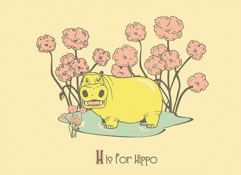 H is for Hippo Wall Art  Screenprint - Alphabet Print Nursery Art - Silkscreen Animal Art Poster Kids Room