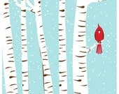 Screenprint  Winter Cardinal Art Print  - Poster Silkscreen Art Print - Snowy Birch Trees & Red Bird Art Print