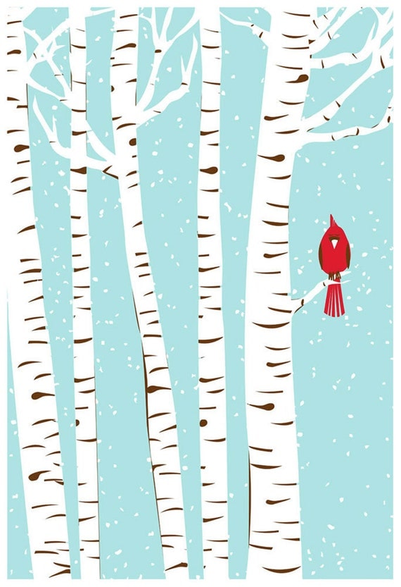 Screenprint Winter Cardinal Art Print - Poster Silkscreen Art Print - Snowy Birch Trees & Red Bird Art Print